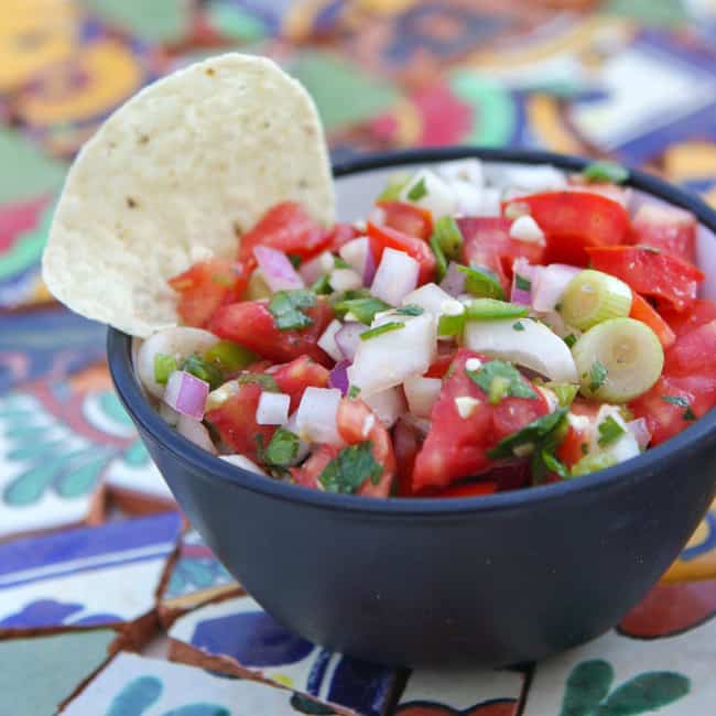 A tortilla round chip tucked into a bowl of homemade spicy salsa.