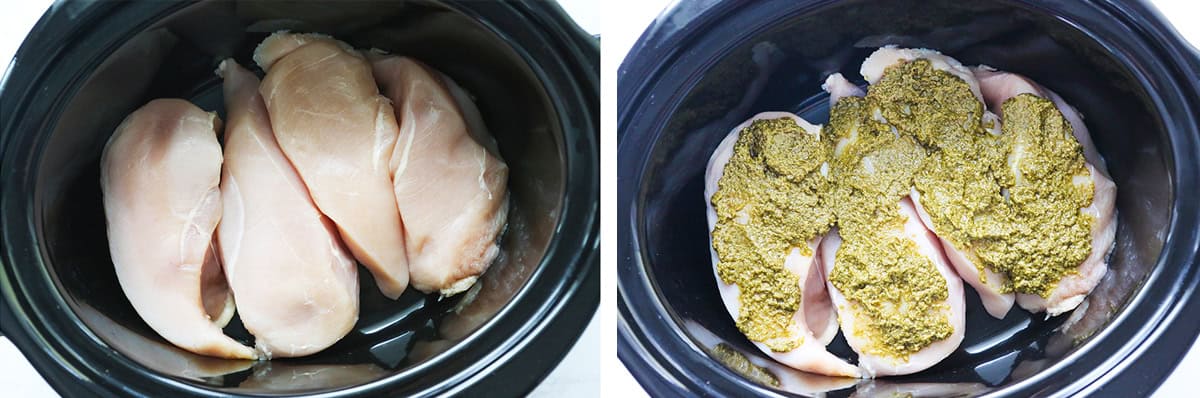 Side by side photos of a crockpot, one with chicken breasts and the other with the chicken breasts covered with pesto.