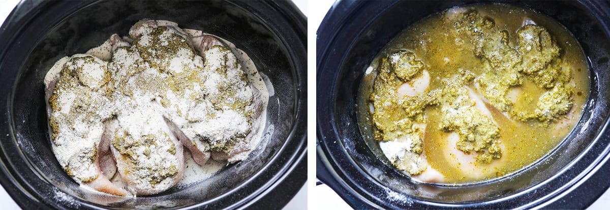 Side by side photos of a crockpot, one with chicken breasts covered with ranch dressing and the other with the slow cooker filled with broth.