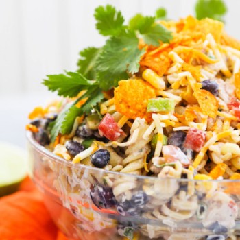 Taco pasta salad in a serving bowl. 