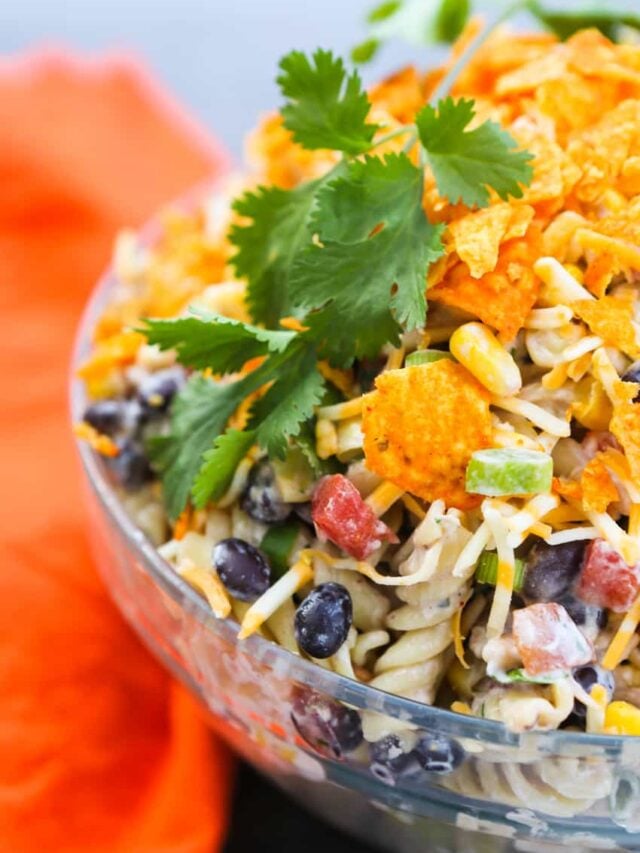 Taco pasta salad in a glass bowl. 