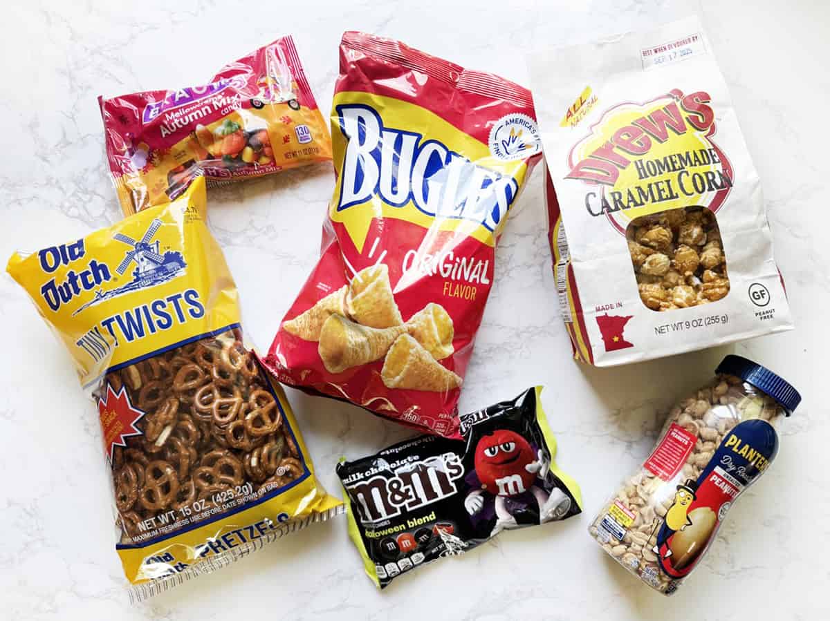 Bagged goodies, ready to be thrown into a batch of Halloween snack mix.