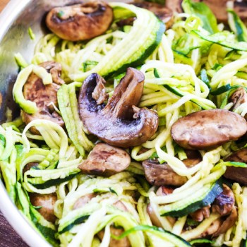 pan of sauteed zoodles with mushrooms