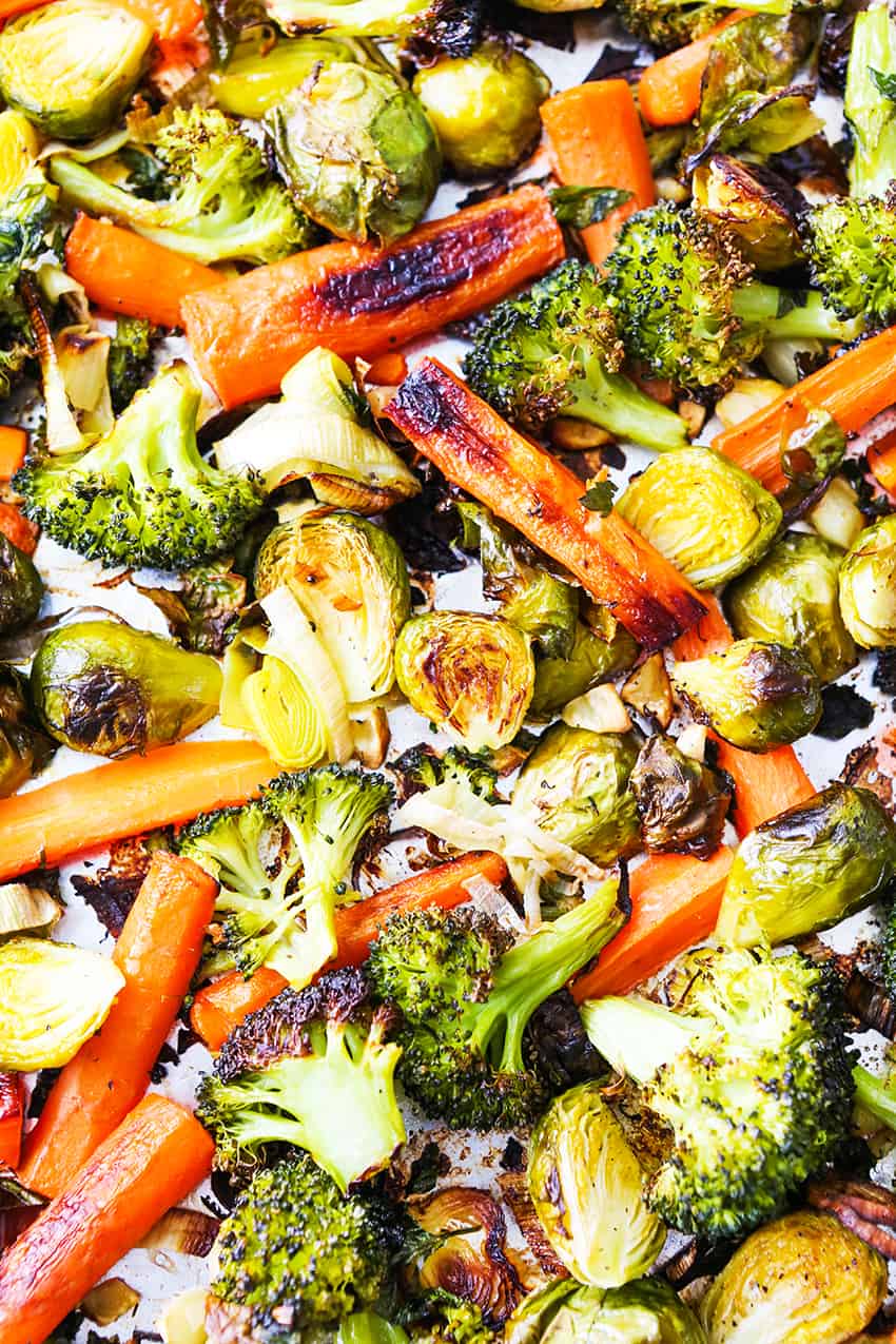 Baking sheet filled with roasted vegetables. 