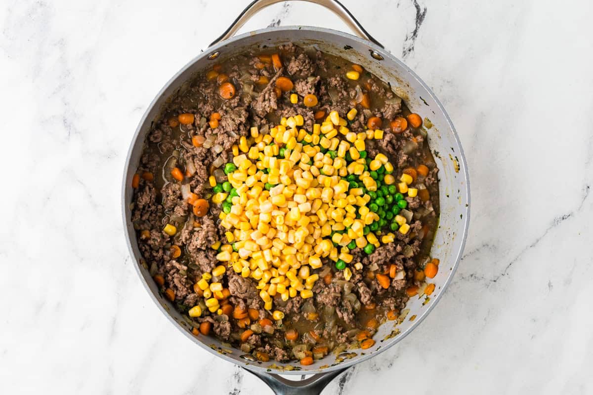 Beef and veggie mixture in a skillet.