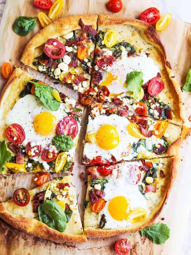 Healthy breakfast pizza cut into 6 slices. 