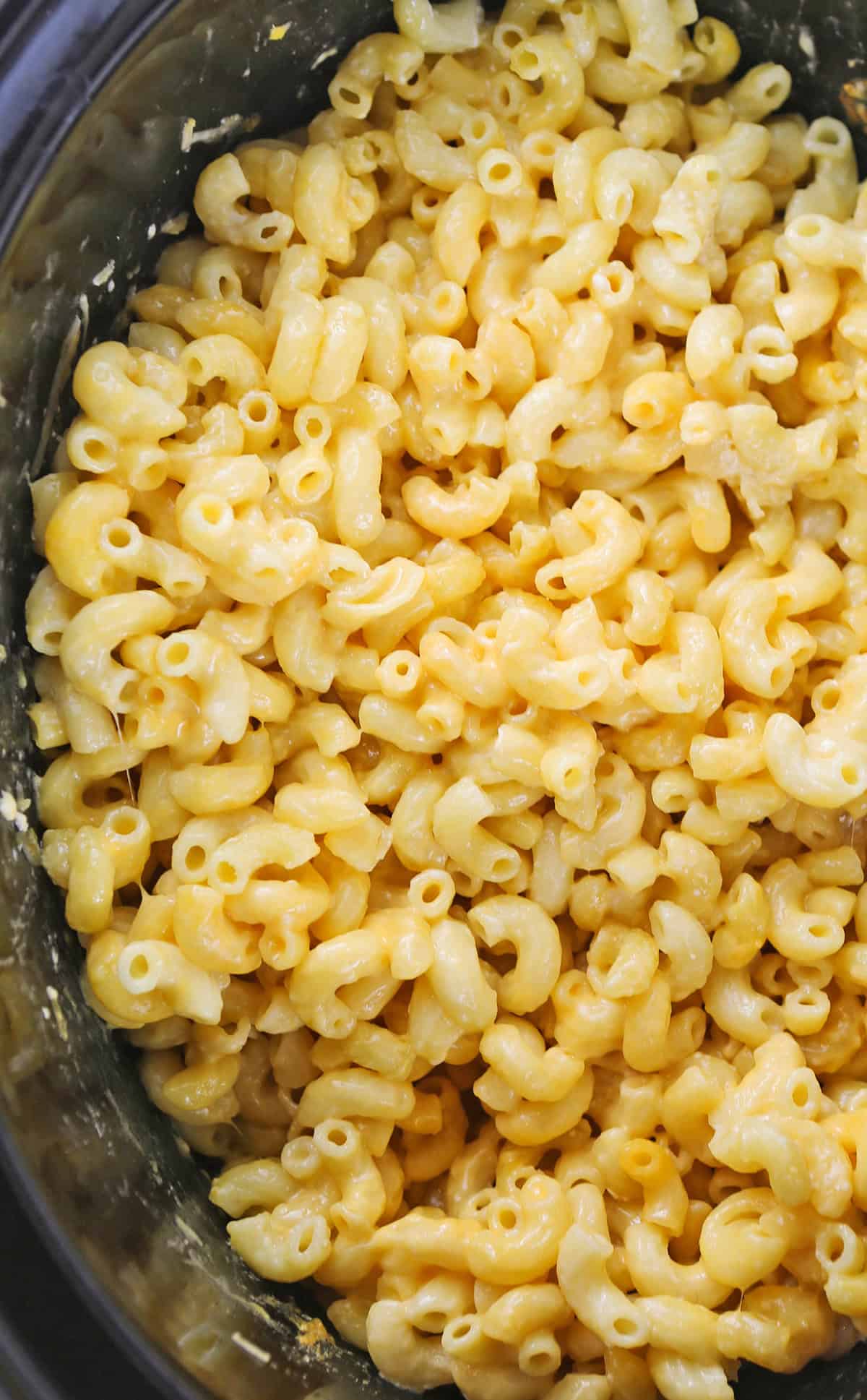 Close-up of creamy macaroni and cheese with Velveeta cheese.