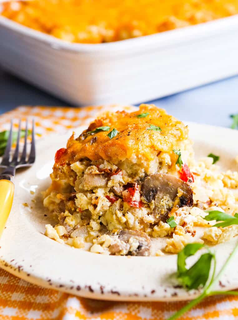 Egg breakfast casserole on a plate. 