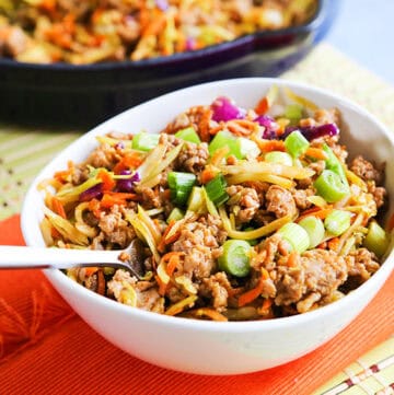 Healthy egg roll in a bowl with ground meat and vegetables.