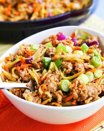 Healthy egg roll in a bowl with ground meat and vegetables.