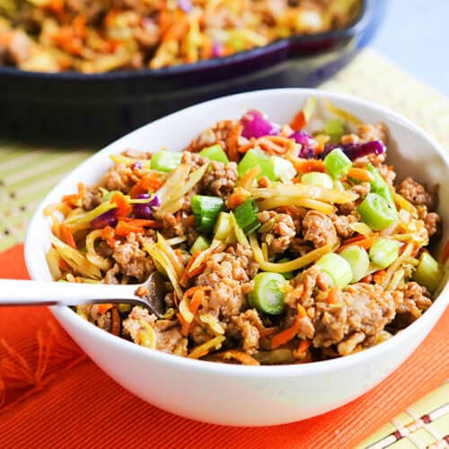 Healthy egg roll in a bowl with ground meat and vegetables.