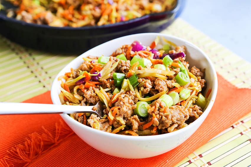 Healthy egg roll in a bowl with ground meat and vegetables.