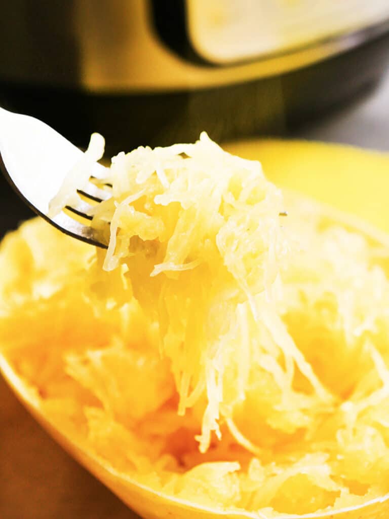 Spaghetti squash on a fork sitting in front of an Instant Pot. 