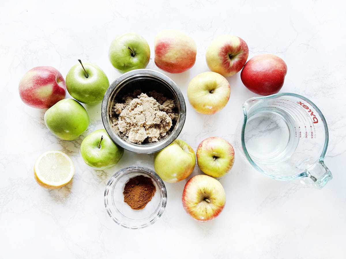 Ingredients for Instant Pot applesauce lined up on a white marble countertop.
