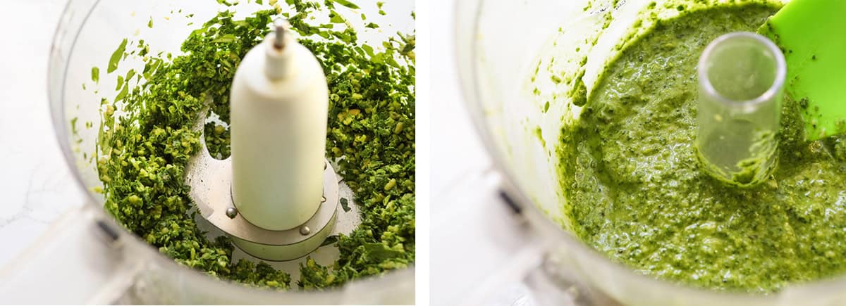 Two processed photos of pesto side by side - one chunky and one creamy.