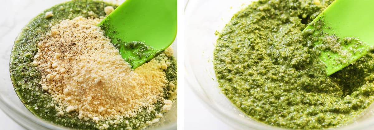 Side by side photos - the left with grated parmesan cheese on top of pesto and the right with everything mixed together.