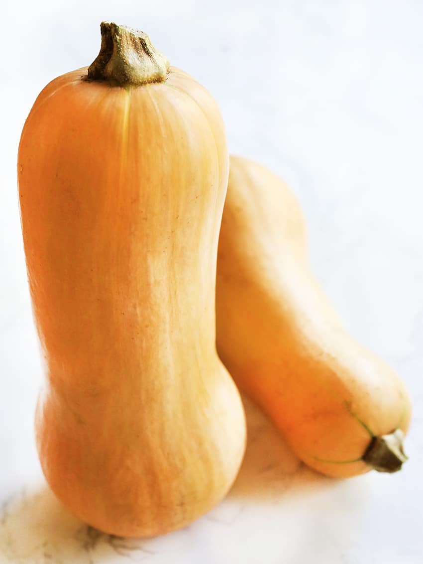 Two butternut squash sitting side by side.