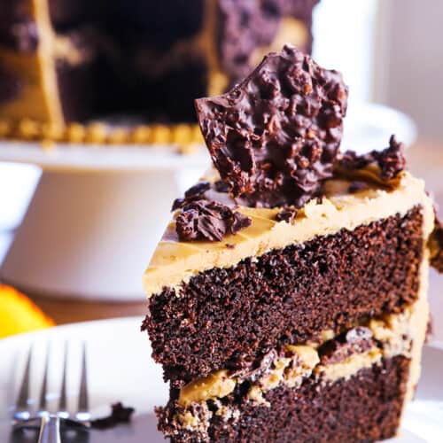 Chocolate Crunch Layer Cake with Caramel Frosting - Pip and Ebby