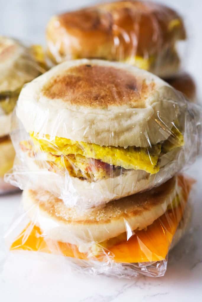 Breakfast sandwiches wrapped up and stacked