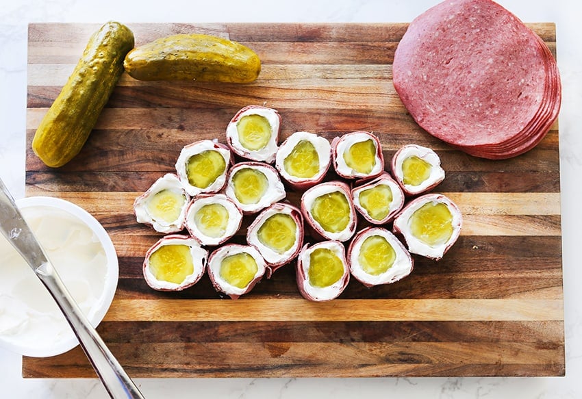 top view of pickle rollups on cutting board 