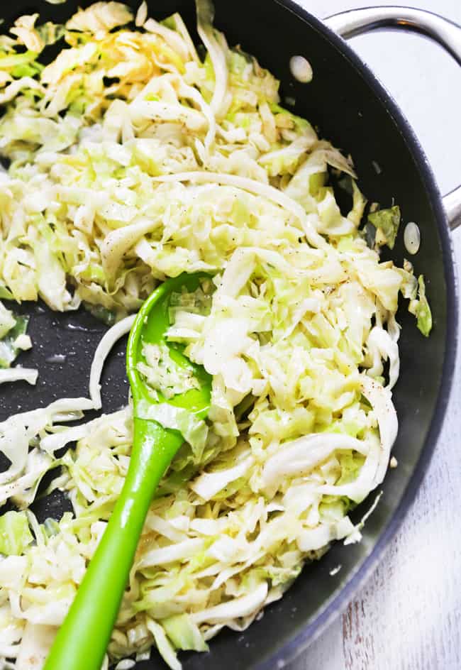 top view of skillet of sauteed cabbage