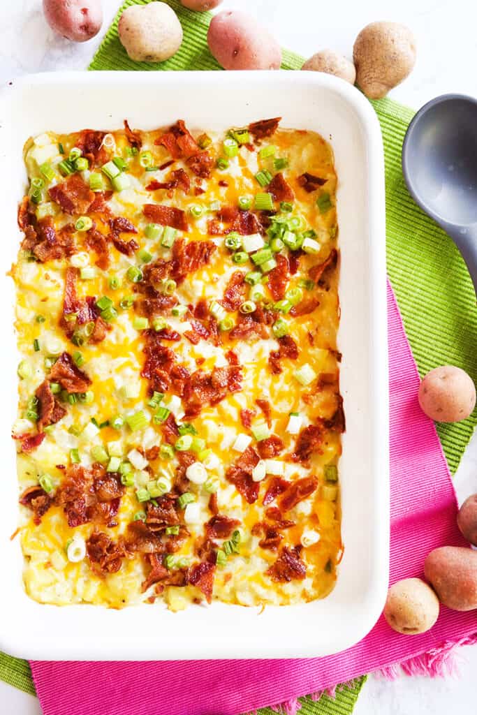 top view of a pan filled with a loaded potato casserole