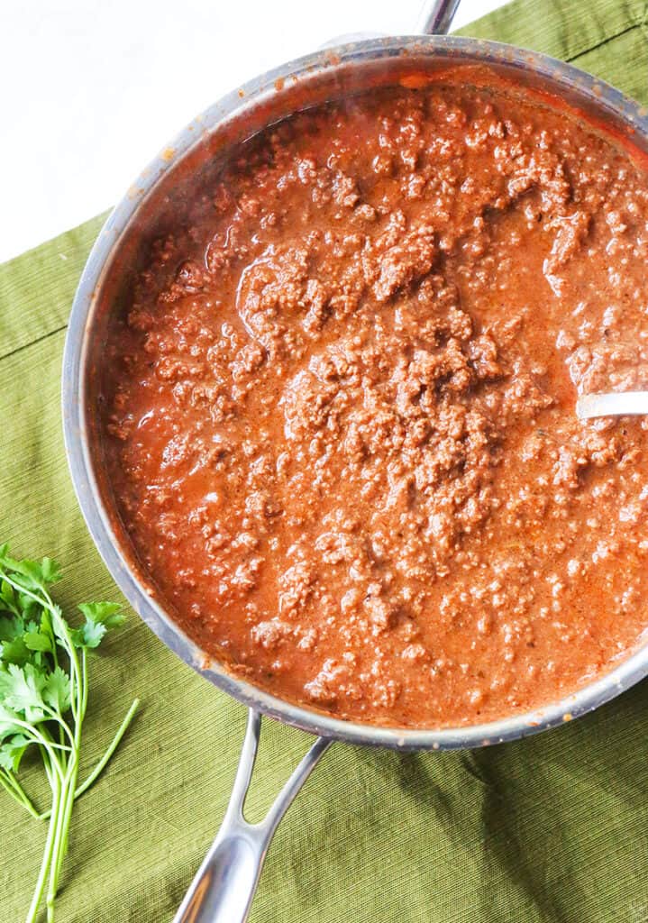 skillet of pasta sauce ready to serve