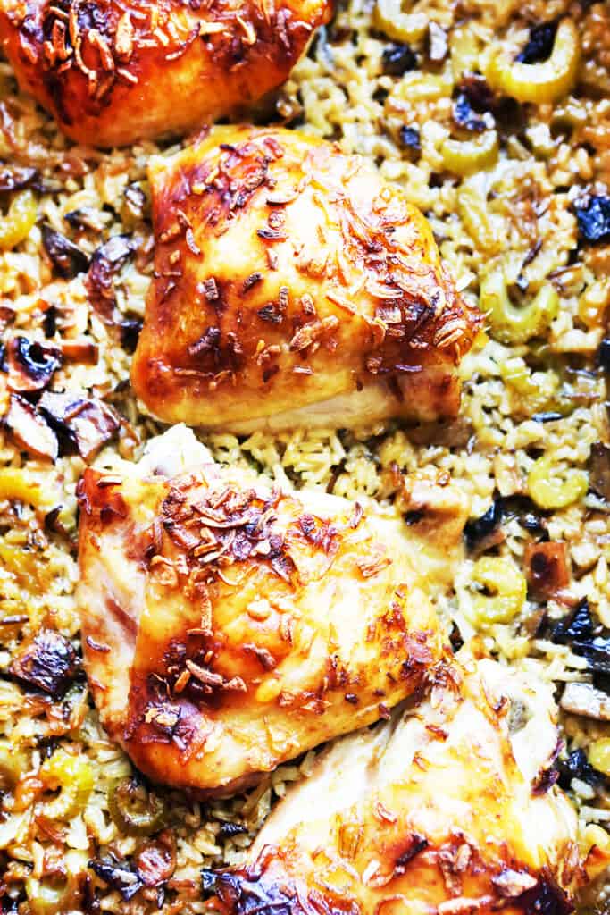 chicken and rice in a casserole dish