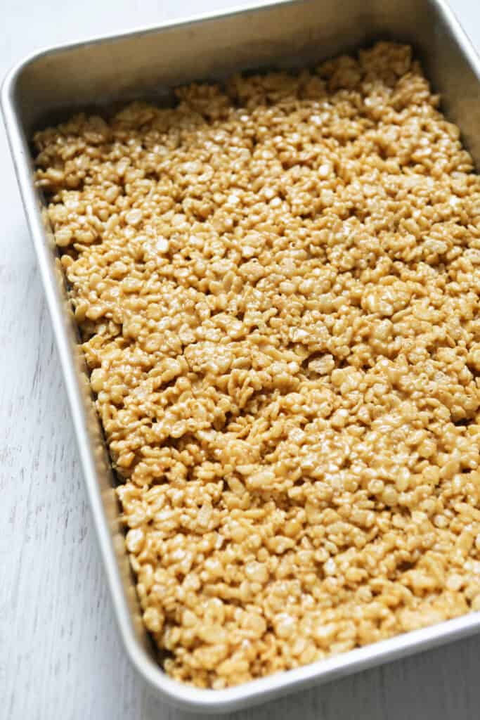 rice krispies pressed into a baking pan