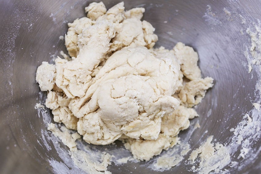 soft no yeast pizza dough in mixing bowl