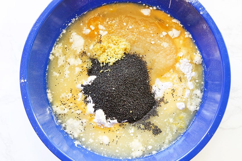 poppy seeds and other ingredients in a mixing bowl before mixing