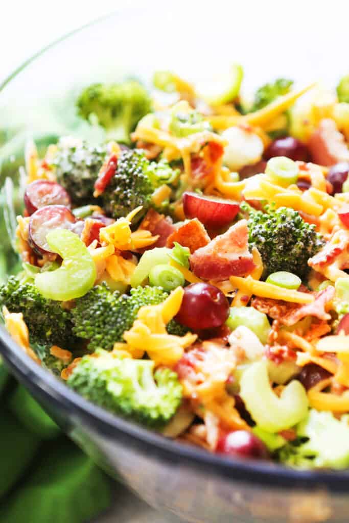 Broccoli salad in a glass bowl. 