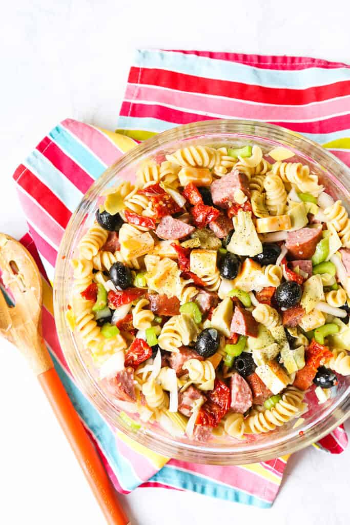 large bowl filled with pasta salad