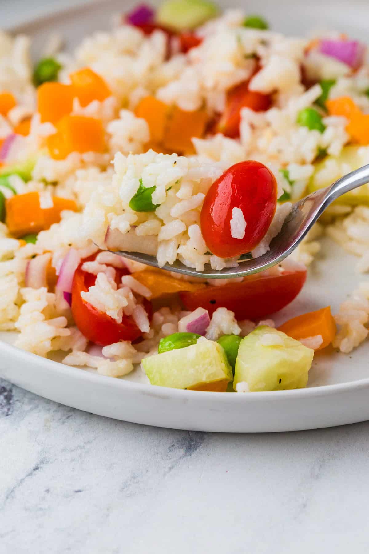 Close up of a fork lifting a bite with rice and a cherry tomato off of a plate with the salad.