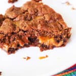 Close-up of caramel-filled brownies made with German chocolate cake mix.