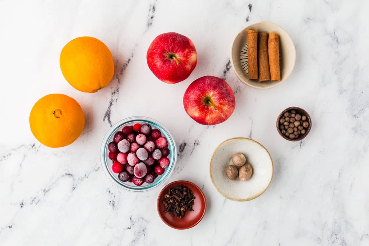 Ingredients for DIY fall potpourri on a white counter.