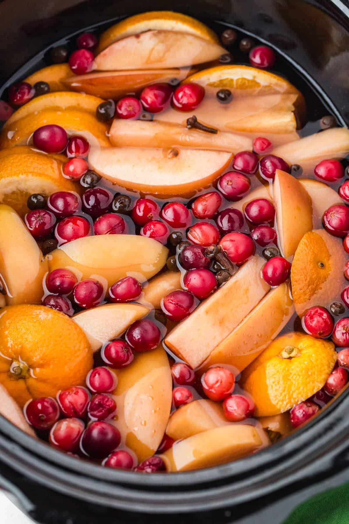 Slow cooker with water, cranberries, orange slices and apple slices.
