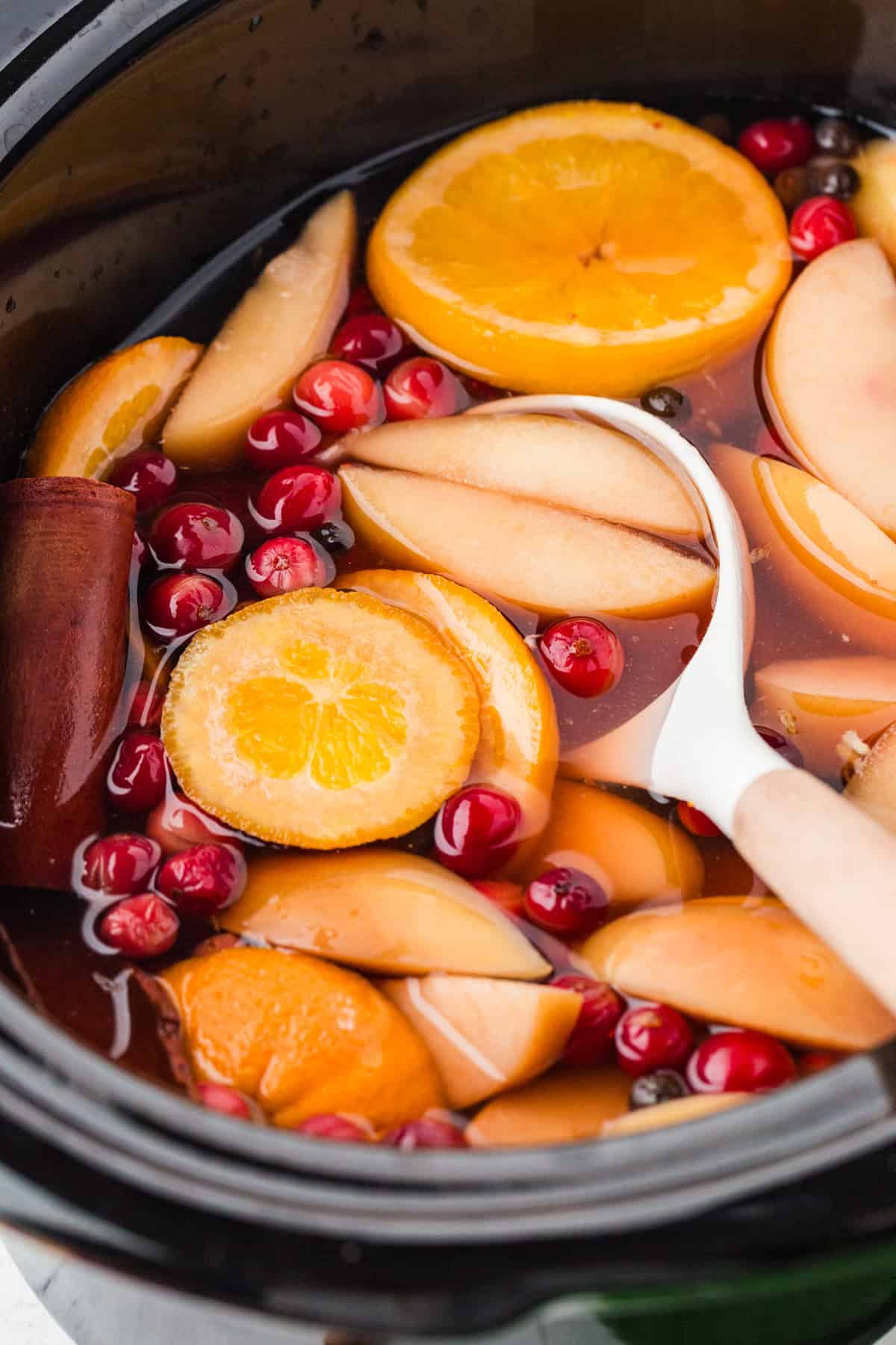 Spoon in a slow cooker filled with a fall-themed potpourri mixture.
