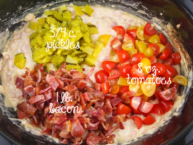pickles, tomatoes and bacon on cheese mixture in crockpot