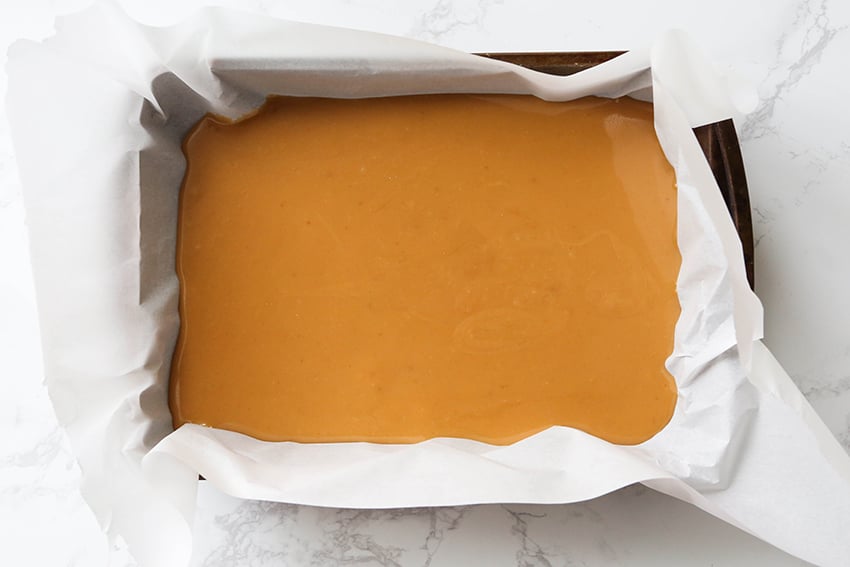 caramel in a baking dish with parchment