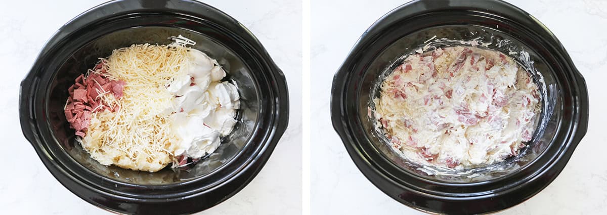 Two crockpots side by side, one before the reuben dip had cooked and one after.