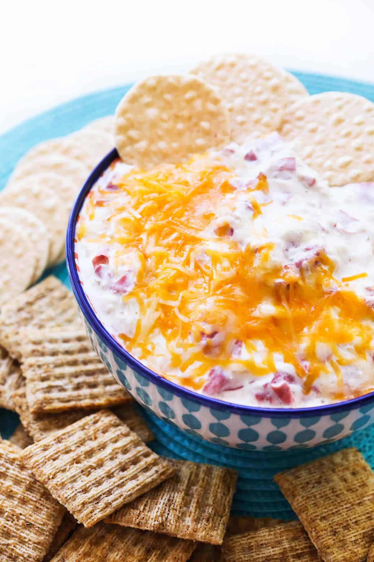 Close up of a bowl of cheesy dip with crackers spread out around it.