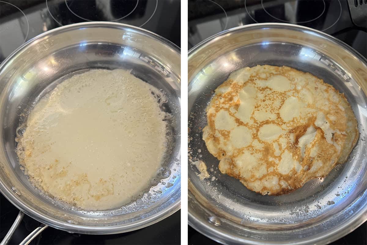 Two pans side by side: one with batter just poured and the other after a pancake has been flipped.
