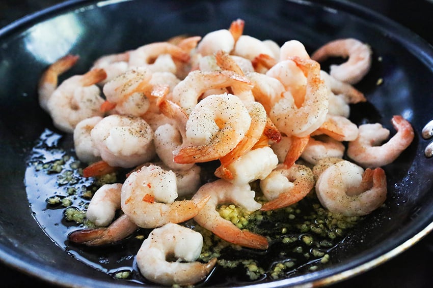 shrimp and garlic in a skillet