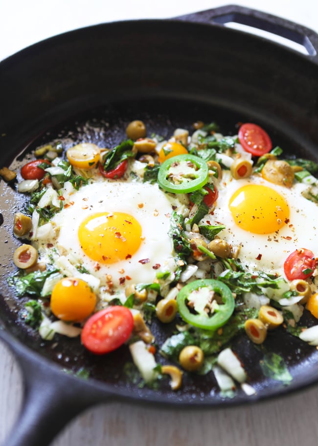 eggs and vegetables cooked in a skillet