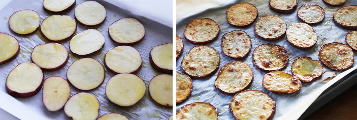Two images: one with potato slices brushed with oil and the other after they've emerged from the oven.