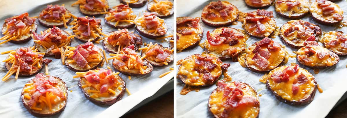 Two images: one with potato rounds covered with cheese and bacon and the other after they've emerged from the oven.