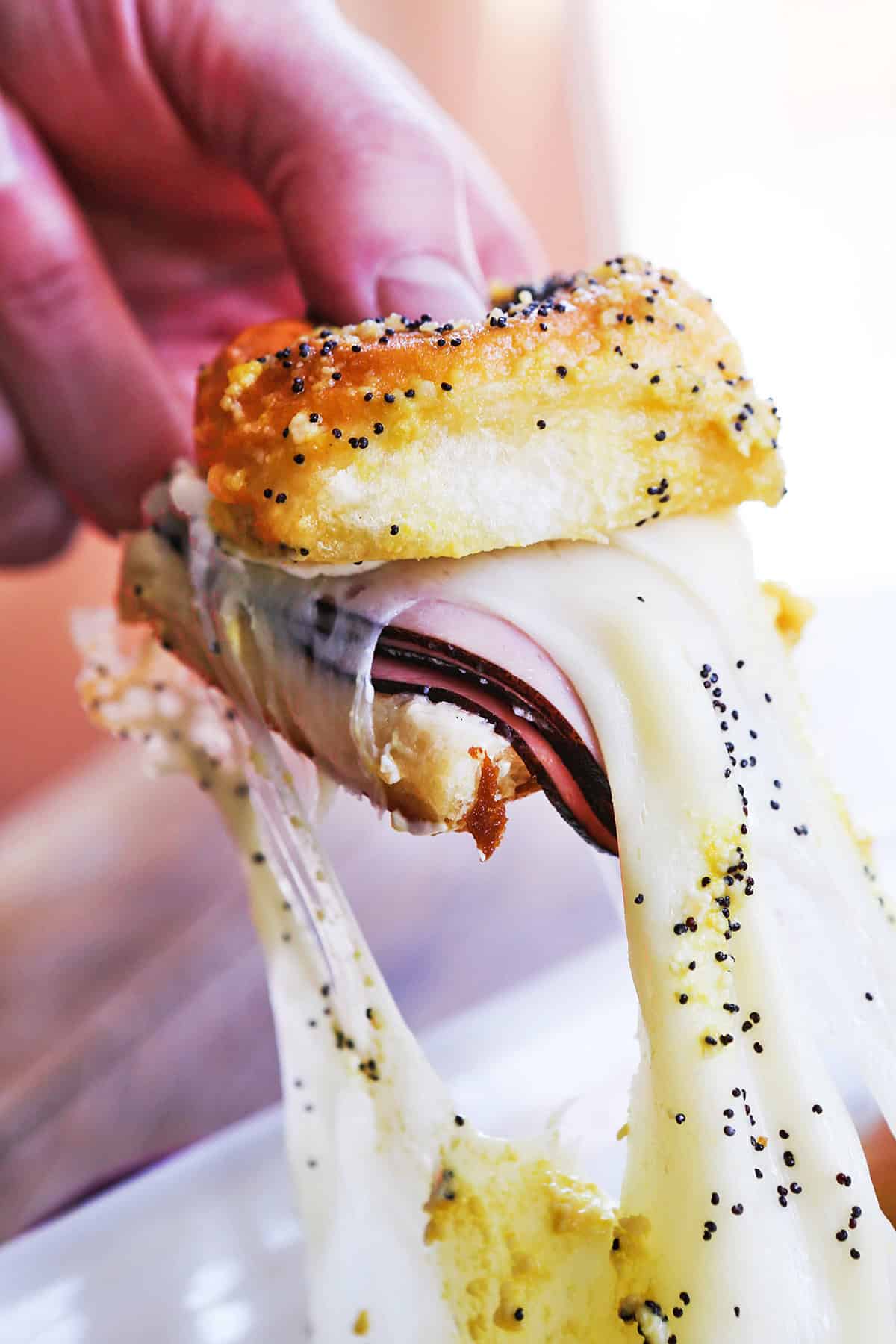 Close-up of a ham and cheese slider with melted cheese and poppy seeds.