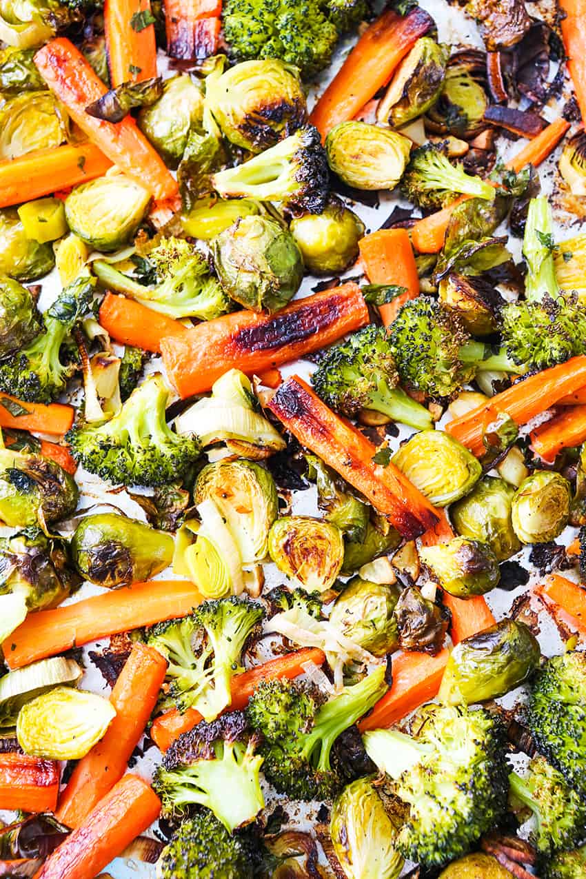 Roasted vegetables on a baking sheet. 