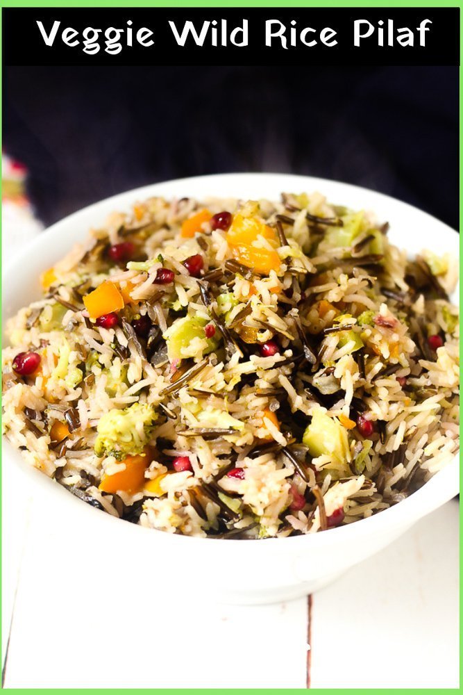 serving bowl filled with veggie wild rice pilaf 